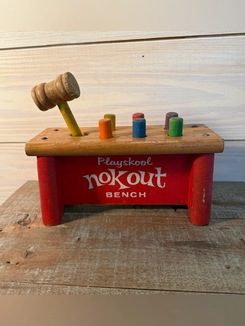 Vintage Playskool Nok Out Bench Wooden Childs Toy Pegs & Hammer Mallet
